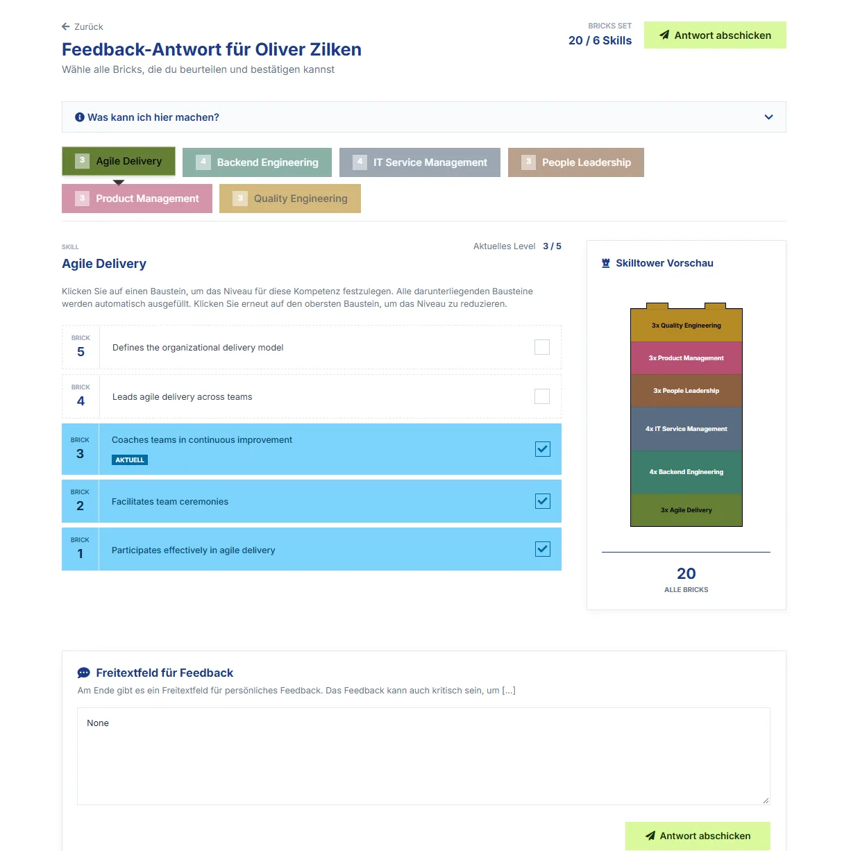 Ansicht „Feedback-Antwort“ mit Skill-Reitern, ausgewählten Bricks für Agile Delivery, Skilltower-Vorschau und Freitextfeld