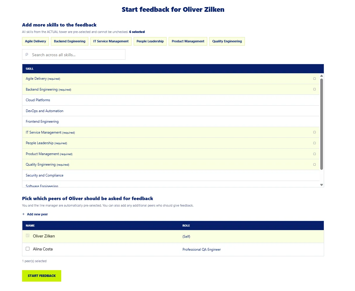 Start feedback – Screenshot